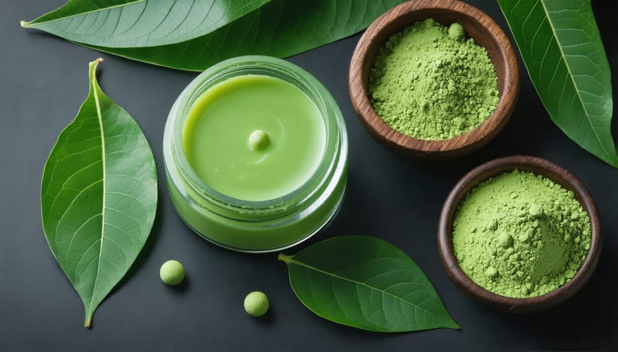 Assortment of beauty products infused with kratom alongside natural ingredients