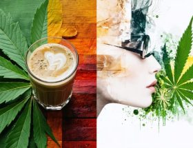 Conceptual image depicting kratom leaves, a fashionable individual enjoying a wellness drink, and symbolic elements of energy and balance.