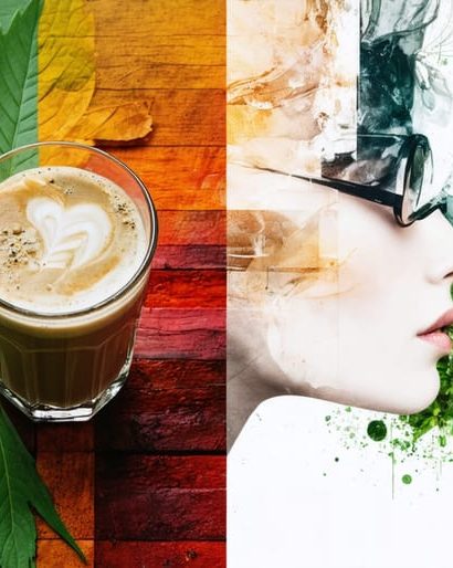 Conceptual image depicting kratom leaves, a fashionable individual enjoying a wellness drink, and symbolic elements of energy and balance.