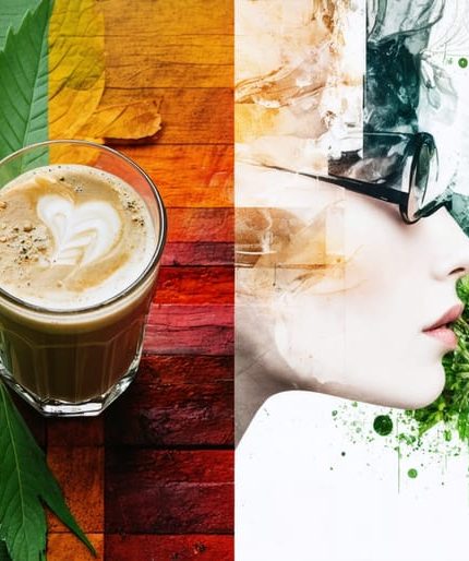 Conceptual image depicting kratom leaves, a fashionable individual enjoying a wellness drink, and symbolic elements of energy and balance.