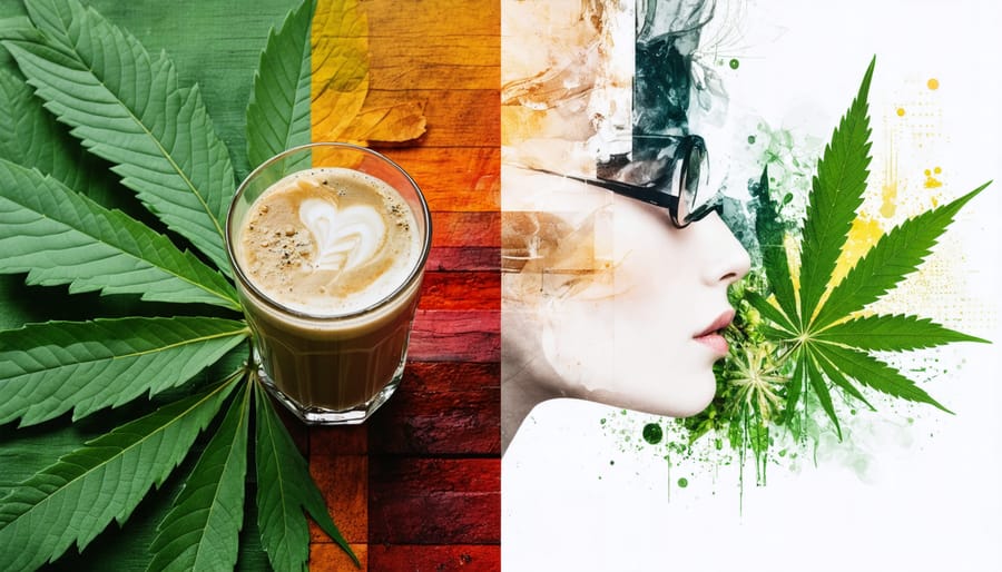 Conceptual image depicting kratom leaves, a fashionable individual enjoying a wellness drink, and symbolic elements of energy and balance.