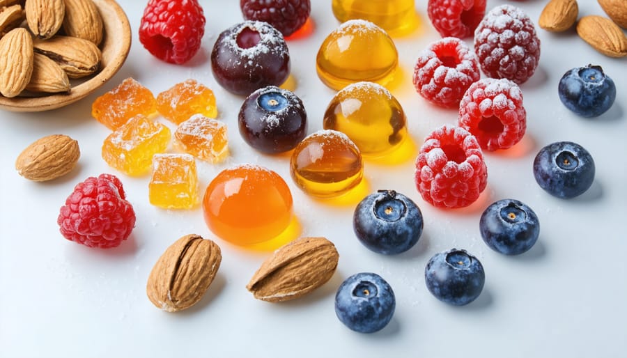 An assortment of beauty snacks including freeze-dried candies, berries, and nuts.