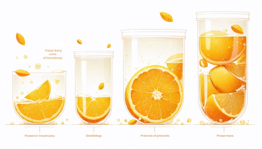 Illustration of the freeze-drying process preserving nutrients in fruits.