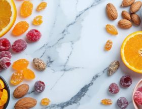 "An artistic display of vibrant freeze-dried candies, fruits, nuts, and seeds, representing beauty snacks that promote radiant skin."